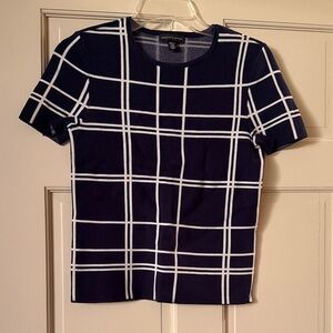 Saks Fifth Avenue Navy and White Grid Short Sleeve Top